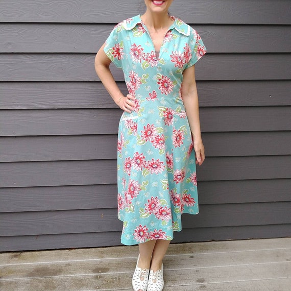 1950s WRAP DAY DRESS floral 50s M (B4)