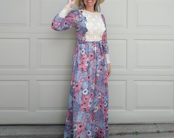 FLORAL MAXI DRESS 1960's 1970's retro xs S (H5)