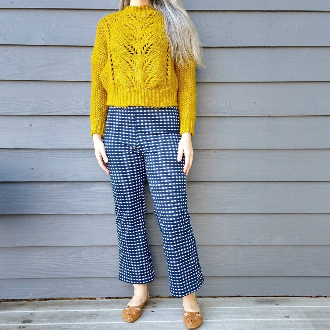 PANTALÓN DE ABUELA A CUADROS AZULES, años 70, talla S