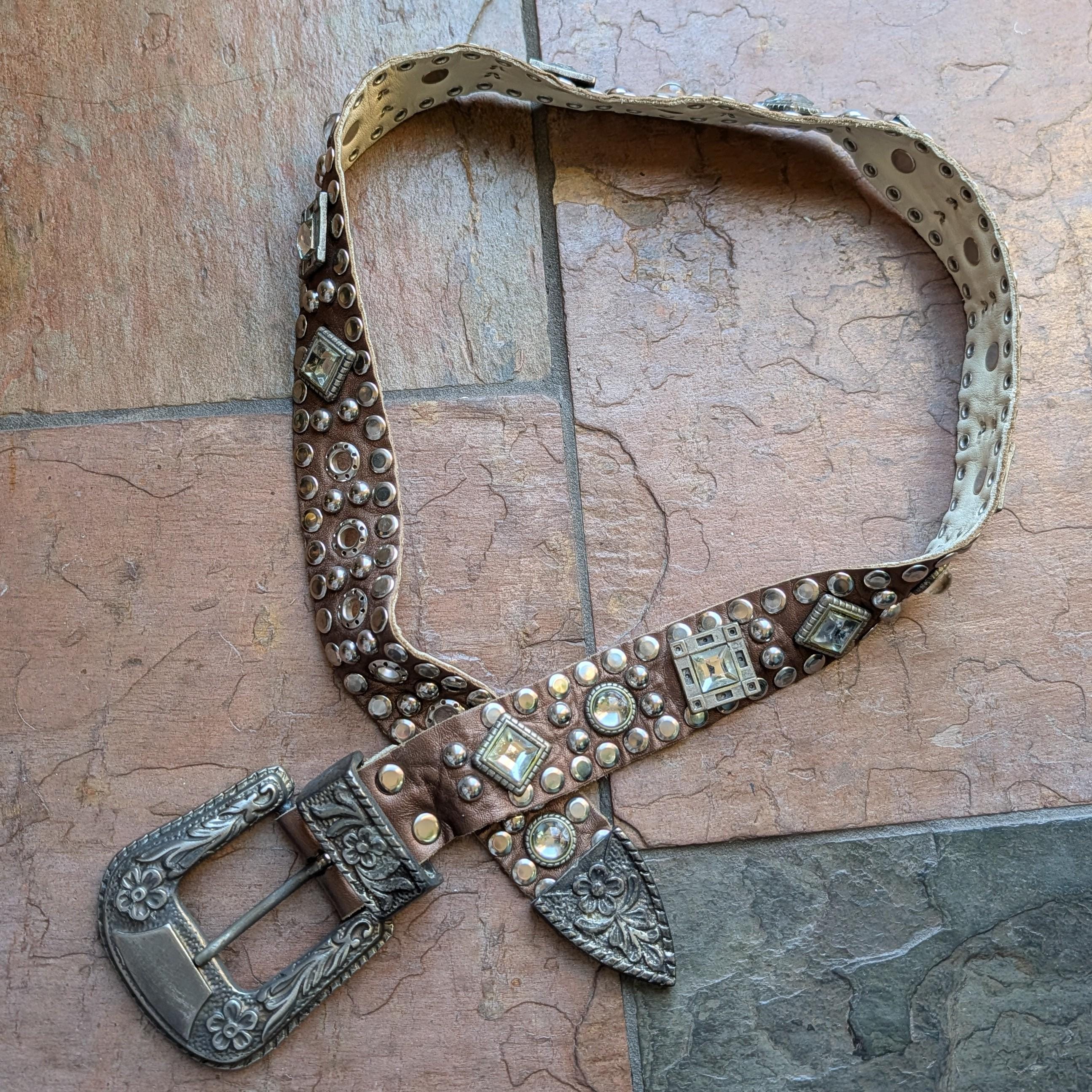 Vintage Sand Castle New York Green Metallic Leather Studded Embellished Belt Awesome Vintage SAND CASTLE Mesh With Stones Copper Tone  main image 2