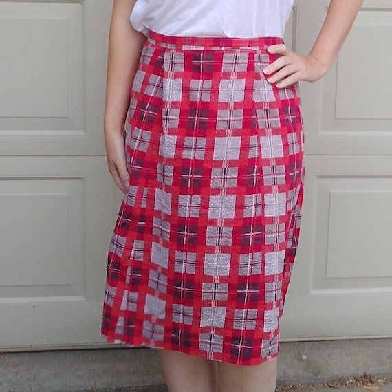 1930's 1940's PLAID SEERSUCKER SKIRT M L (D7)