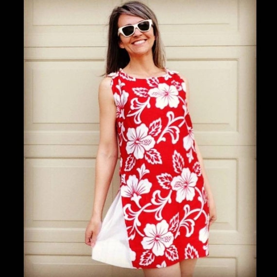 red and white SATEEN HAWAIIAN SHIFT cotton mini d… - image 3