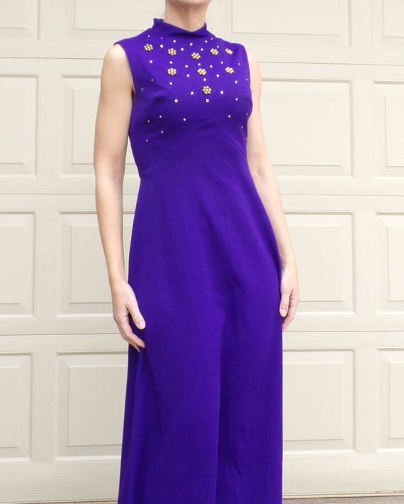 1970's PURPLE MAXI DRESS with jewel accents sleev… - image 1