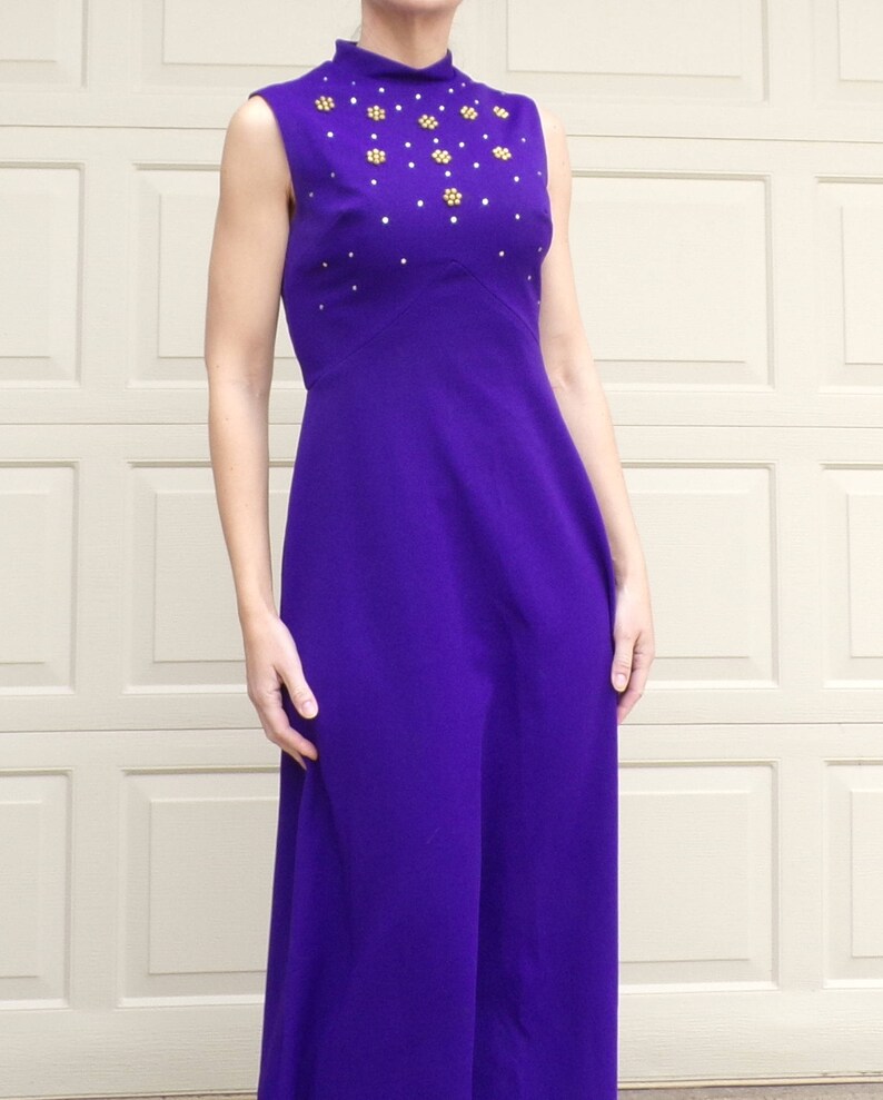 1970's PURPLE MAXI DRESS with jewel accents sleeveless gown S D1 image 1