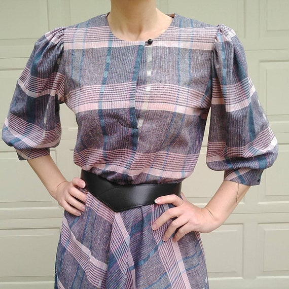 1980s PUFF SLEEVE DRESS 80s plaid M (A4) - image 2