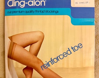 Vintage Cling-Alon Stockings Sears Thigh High Reinforced Toe Tall Taupe NOS 1970s 1980s Hosiery