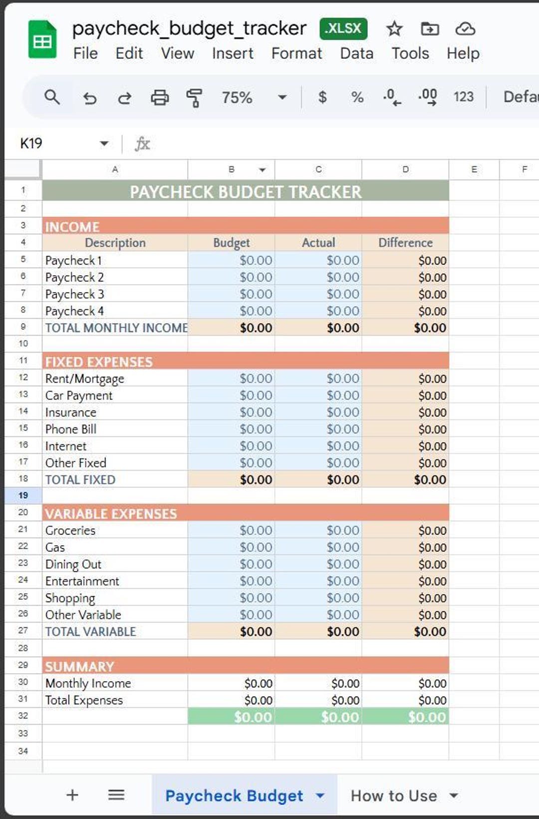 Paycheck Budget Tracker Google Sheets, Budget Vs Actual Planner ...