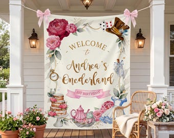 Alice in Wonderland Backdrop, Onederland 1st Birthday Banner, Floral Tea Party Decor, Girl First Birthday Tapestry, Mad Hatter Party Sign