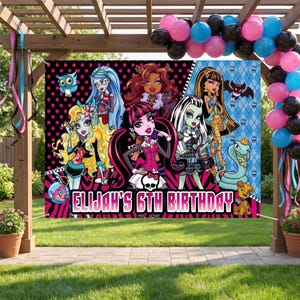 May include: A rectangular birthday banner featuring Monster High characters against a black, pink, and blue background with the text ELIJAH'S 6TH BIRTHDAY. The banner is framed by a colorful balloon arch and hangs from a wooden pergola structure.