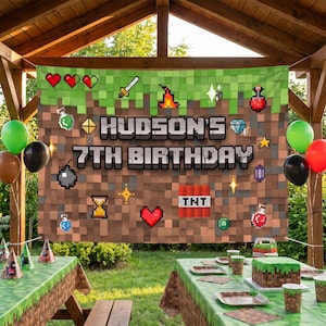 Personalized Pixel Gamer Birthday Backdrop, Custom Block Party Banner, Miner Video Game Photo Background, Boys Gaming Party Decor