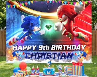 Personalized Blue Hedgehog Birthday Backdrop, Custom Video Game Party Banner, Fast Speedster Gamer Decoration, Boys Birthday Photo Prop