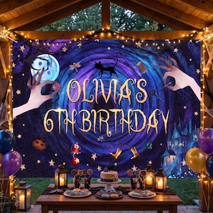 May include: A rectangular birthday backdrop featuring a dark blue and purple swirling vortex background with gold stars, a black cat silhouette, a house, and the text Olivia's 6th Birthday in gold lettering, flanked by two pale hands and buttons.