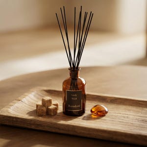 May include: An amber glass diffuser bottle with black reeds, labeled "Candy Wood Boradore", sits on a wooden tray. Beside it are three sugar cubes and a small, amber-colored decorative stone. The tray is on a wooden table.