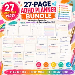 Puede incluir: Un paquete de planificador para TDAH imprimible de 27 páginas que incluye varias plantillas de organización como planificadores diarios, matrices de prioridad de tareas y rastreadores de tiempo. El diseño incluye encabezados coloridos, listas con viñetas e iconos.