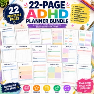 Könnte beinhalten: Ein 22-seitiges ADHS-Planer-Paket mit druckbaren Seiten, die farbige Abschnitte für Tagesplanung, Aufgabenpriorisierung, Fokus-Sitzungen und Gewohnheitsverfolgung enthalten. Der Text umfasst 22-PAGE ADHD PLANNER BUNDLE und verschiedene Beschriftungen.