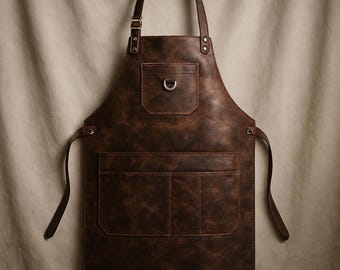 Genuine Brown Leather Apron – Handmade Full Grain Workshop Apron with Multi Tool Pockets