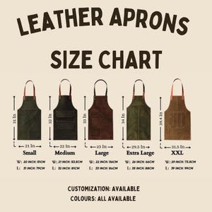 May include: Size chart for leather aprons, showing five aprons in different sizes: Small (79 cm), Medium (81 cm), Large (84 cm), Extra Large (88 cm), and XXL (99 cm). Each apron is a different color, with measurements in inches and centimeters.
