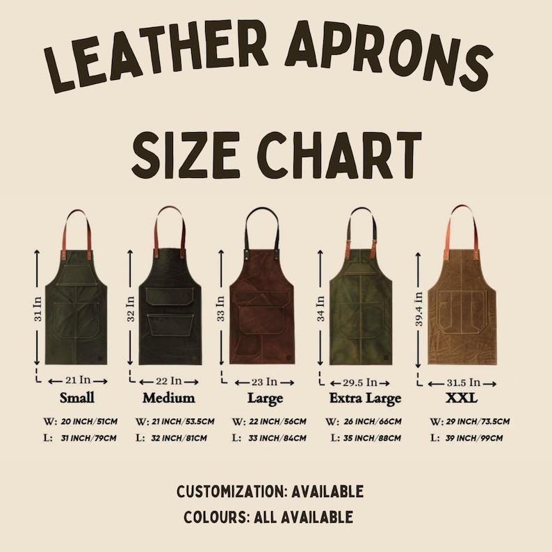 May include: Size chart for leather aprons, showing five aprons in different sizes: Small (79 cm), Medium (81 cm), Large (84 cm), Extra Large (88 cm), and XXL (99 cm). Each apron is a different color, with measurements in inches and centimeters.
