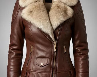 Men’s Handmade Brown Leather Aviator Jacket with Fur Collar – Classic Winter Shearling Style Coat