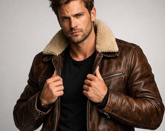 Men’s Vintage Brown Shearling Leather Jacket – Classic Distressed Brown Rugged Style