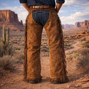 May include: Brown suede cowboy chaps with fringe detailing. The chaps are worn over blue jeans and a brown leather belt. The background features a desert landscape with mountains and cacti.