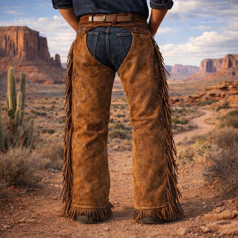 May include: Brown suede cowboy chaps with fringe detailing. The chaps are worn over blue jeans and a brown leather belt. The background features a desert landscape with mountains and cacti.