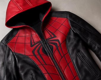 Superhero Inspired Red & Black Leather Hoodie| Bold Spider Style Embroidered Jacket | Handmade Streetwear Outerwear