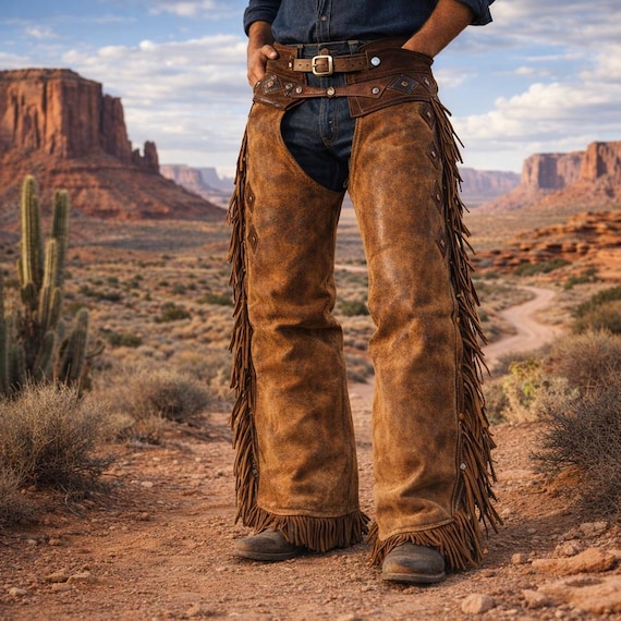 Handmade Western Men's Leather Chaps – Distressed Cowboy Chaps with Fringe Vintage Motorcycle & Horse Riding