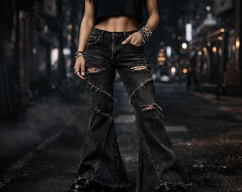 Women’s Gothic Distressed Flare Jeans | Y2K Black Wide Leg Denim Pants | Vintage Streetwear Trousers