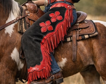 Black Suede Leather Cowboy Chaps with Red Fringe & Floral – Handmade Western Rodeo Riding Gear