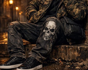 Men’s Y2K Gothic Skull Print Wide Jeans | Distressed Black Denim Pants | Baggy Streetwear Trousers