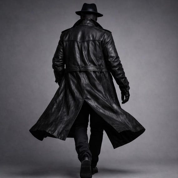 Spider Noir Leather Trench Coat Vintage Distressed Black Detective