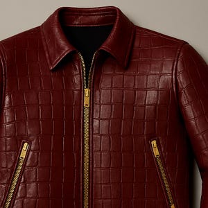 Luxe bordeauxrood leren jack met krokodillenreliëf voor heren – Genuine Red Biker, jas met alligatortextuur afbeelding 4