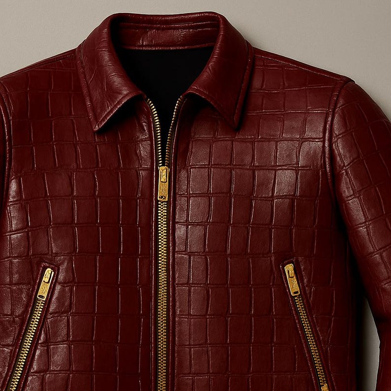 Luxe bordeauxrood leren jack met krokodillenreliëf voor heren – Genuine Red Biker, jas met alligatortextuur afbeelding 4