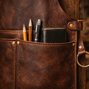 May include: Close-up of a brown leather apron with pockets. The pockets contain a pencil, a pen, and a small black wallet. The apron has brass-coloured hardware and a loop for hanging.
