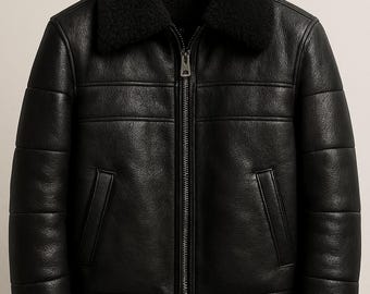 Men’s Handmade Black Leather Bomber Jacket with Fur Collar – Classic Winter Aviator Style Coat