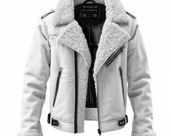Men’s Handmade White Leather Biker Jacket – Fur Collar Aviator Style, Real Leather Winter Motorcycle