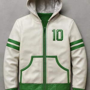 May include: White hooded jacket with green accents, including stripes on the sleeves, pocket trim, and cuffs. Features a green number "10" on the chest. The jacket has a full zipper and a green interior lining.