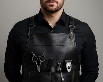 Genuine Black Leather Barber Apron – Professional Stylist & Hairdresser Apron with Multi Pocket Tool Holder