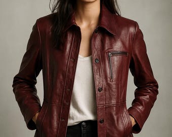 Handgemaakte bordeauxrode leren damesjas – vintage jaren 90 slim-fit blazerstijl