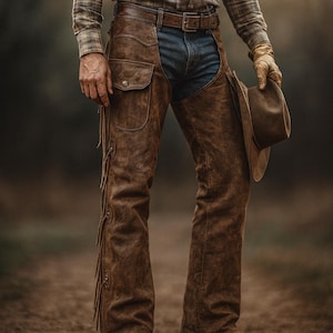 Handmade Hair-On Cowhide Leather Cowboy Chaps – Western Rodeo Bull Riding & Biker Work Chaps