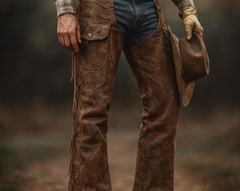 Handgemaakte cowboychaps van rundleer – Western Rodeo Bull Riding & Biker Work-chaps
