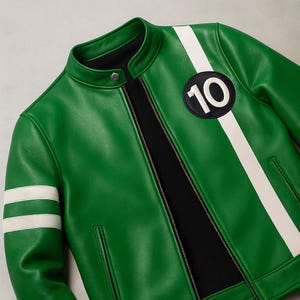 Op de afbeelding: Groene leren jas met een witte streep over de rechter mouw en over de borst. Een zwart-witte patch met het nummer 10 staat op de borst. De jas heeft een zwarte binnenkant en een ritssluiting.