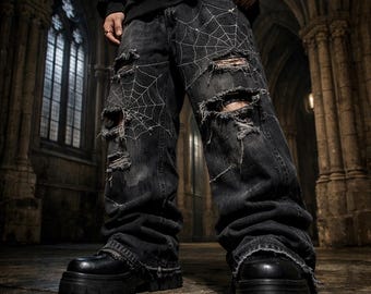 Men’s Y2K Gothic Spider Web Baggy Jeans | Wide Distressed Black Denim Pants | Oversized Streetwear