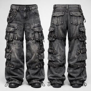 Unisex Black Washed Denim Gothic Cargo Pants Wide Leg Baggy Pants Alternative Streetwear Jeans