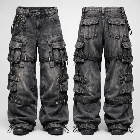 Unisex Black Washed Denim Gothic Cargo Pants Wide Leg Baggy Pants