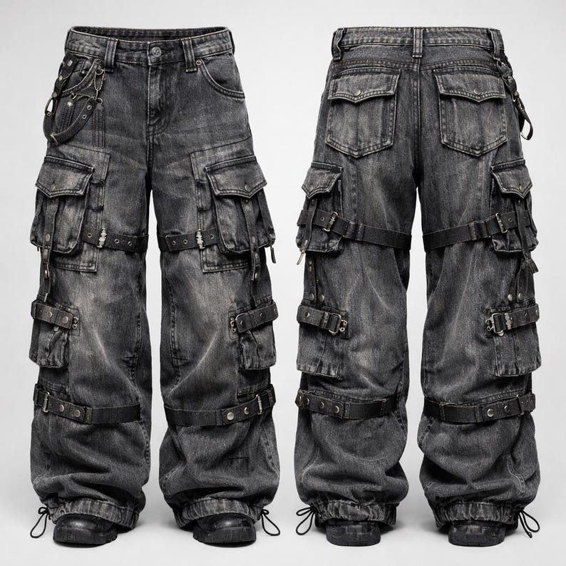 Puede incluir: Pantalones cargo de mezclilla grises con m&uacute;ltiples bolsillos y correas negras. Los pantalones tienen un ajuste relajado y cuentan con un cord&oacute;n en los tobillos. El dise&ntilde;o incluye herrajes met&aacute;licos y una cadena.