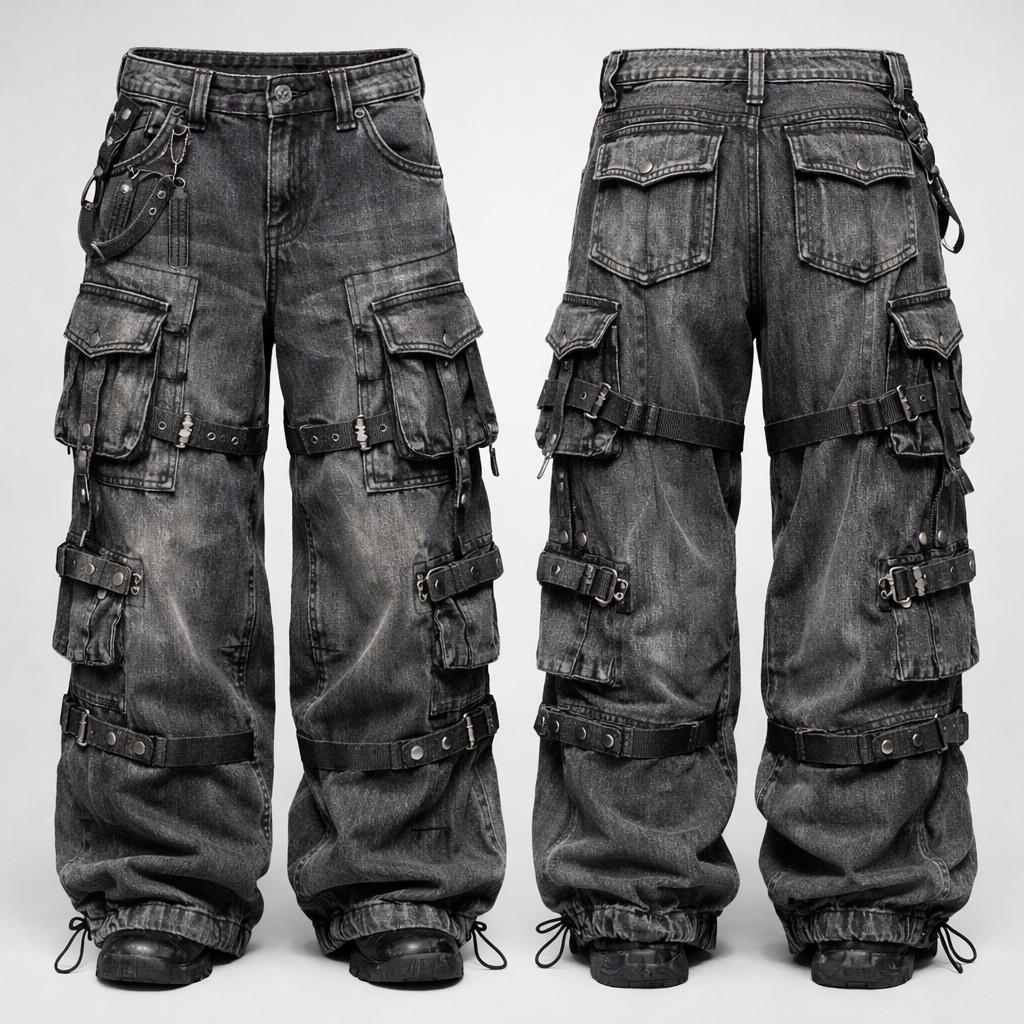 Unisex Black Washed Denim Gothic Cargo Pants Wide Leg Baggy Pants