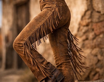 Handmade Western Fringe Suede Leather Pants for Women | Cowgirl Rodeo Chaps Style Vintage Trousers