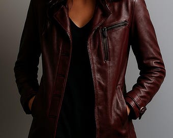 Women’s Handmade Burgundy Sheepskin Leather Biker Jacket – Asymmetrical Moto Style Coat